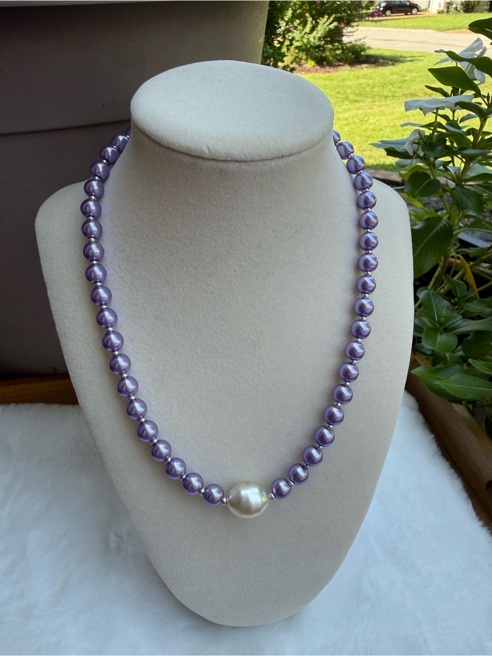 Purple Faux Pearl & Silver Beaded Statement Necklace – 18”